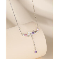 wholesale 925 Sterling Silver Butterfly Flower Necklace for Women, Small Exclusive Design, Luxurious Advanced Sense Tassel Diamond-inlaid Shell Collarbone Chain-Flower and Butterfly Necklace 925 Silver