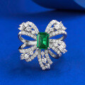wholesale S925 Sterling Silver Luxury Bezel-Set Vintage Sparkle Ring with European & American New Style Bow Simulated Emerald-0-5