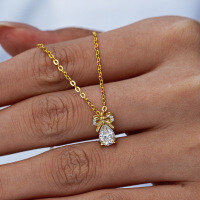 14K Gold Plated 925 Sterling Silver Full Pavé Moissanite Butterfly Bow Pendant Necklace-0.8CT (Moissanite)  925 Silver