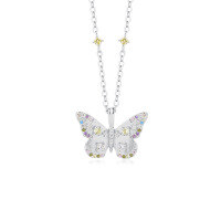 wholesale S925 Sterling Silver Retro Colorful Zircon Butterfly Necklace For Women, Cross-border Niche Luxury-A2973-White Gold 925 Silver