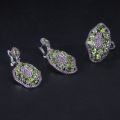 wholesale S925 Sterling Silver Vintage Jewelry Set with Green Gemstone Earrings, Ring, and Brooch Natural Peridot Ring-0-0