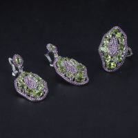 wholesale S925 Sterling Silver Vintage Jewelry Set with Green Gemstone Earrings, Ring, and Brooch Natural Peridot Ring-Natural Peridot Ring (US Sizes 5-10, Note)