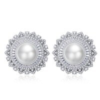 wholesale 925 silver flower-shaped pearl earrings with 12mm shell pearls, European and American women's earrings and ear clips-E014 Pearl Earrings>925 Silver