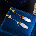 wholesale S925 Silver Japanese Light Luxury Jewelry Minimalist Diamond-shaped Moonstone Tassel Chain Earrings Versatile Teardrop White Shell-0-3
