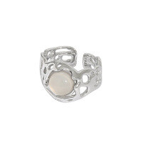 wholesale S925 Sterling Silver Korean Version Light Luxury Ring, Ins Niche Elegant White Agate Wide Hollow Open Adjustable Ring for Women-Platinum [No. 13/Adjustable] Opening adjustable