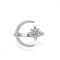 Silver Moissanite Ring Princess Crown Star Moon-50-point (D color moissanite)  Adjustable opening
