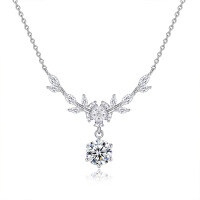 S925 Sterling Silver Moissanite Wheat Ear Bloom Pendant Necklace-Wheat Ear Necklace (White Gold)  1-Carat Moissanite