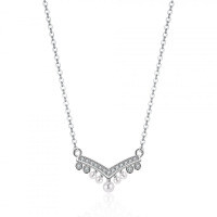 S925 Sterling Silver V-Shape Pearl Necklace with Moissanite Pendant-1 carat (set with moissanite)  925 silver