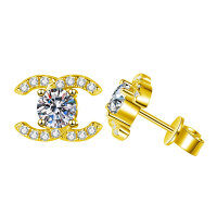Gold-Plated S925 Silver Classic Four-Prong Moissanite Stud Earrings, Cross-Border Hot Seller.-Double C earrings (gold)  50-point moissanite