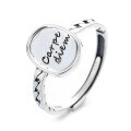 wholesale S925 Sterling Silver Retro Vintage Egg-shaped Creative Design Carpe Diem English Round Plaque Open Ring-0-4
