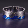 wholesale 925 Silver Designer Couple's Open Ring with Wave Element, Natural Style Design, Inlaid Gemstone and Enamel-0-3