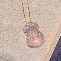 wholesale 18k Gold Plated S925 Sterling Silver Pink Tourmaline Laughing Buddha Maitreya Pendant with Diamond Necklace-Gold 925 silver