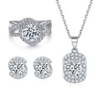 wholesale S925 Sterling Silver Three-Piece Jewelry Set, European and American Fashion Ring, Zircon Earrings, Necklace, High-End Niche Design-Earrings TLED106 925 silver