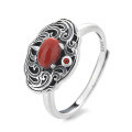 wholesale S925 Sterling Silver Retro Antique-style Filigree Openwork Luxury Inlaid Southern Red Ethnic Wind Adjustable Ring-0-4