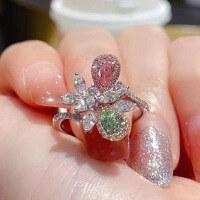 wholesale S925 Sterling Silver New Imported High Carbon Diamond Powder 3*5 Radiant Cut Ring for Women,Ins Style-R455 Pink Green Ring Size 5