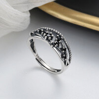 wholesale S925 Sterling Silver Geometric Irregular Black Zircon Ring Korean Rayli Magazine Style Niche Index Finger Ring for Women-333FJ/approx. 2.9g Adjustable opening