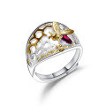 wholesale S925 Silver Designer Natural Style Adjustable Open Beehive Design Ring with Natural Gemstone-0-6