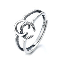 wholesale S925 Sterling Silver Double-Layer Letter CC/Double Circle Ring Ins Trendy Harajuku Style Versatile Index Finger Ring-363FJ/approx. 2.03g Adjustable opening