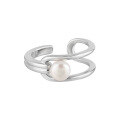wholesale S925 Sterling Silver Geometric Openwork Inlaid Freshwater Pearl Opening Ring for Women, Korean Version Minimalist and Elegant-0-4