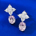 wholesale Metal material first: Imported high-carbon diamond four-leaf clover 11*11mm set with oval pink diamond earrings, lavish style-0-2