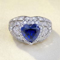 wholesale S925 silver new heart-shaped simulated sapphire 8*8 ring, a fashionable and hot-selling cross-border style-R744 Blue Diamond>No. 5