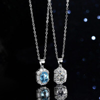 Sterling Silver Natural Blue Topaz Moissanite Necklace Pendant, 1ct, Emerald Cut-Inlaid with blue topaz  925 silver