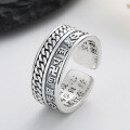 wholesale S925 Sterling Silver Creative Retro Ethnic Style Cable Knit Six-Character Mantra Heart Sutra Adjustable Ring for Men and Women-0-2
