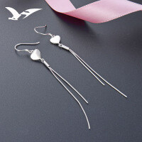 wholesale S925 Sterling Silver Korean Minimalist Style Romantic Sweet Elegant Autumn Plain Silver Long Tassel Heart Earrings for Women-Earrings-Not with Silver Earrings 925 Silver