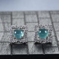 S925 Silver Inlaid Natural Weicui Blue Water Clover Stud Earrings-0-3