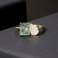 wholesale 925 Sterling Silver Plated with 18k Gold, Small Unique Square Oval Gemstone Ring, Natural Moss Agate Ring-Natural Water Grass Agate Ring 2 US Size 6