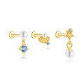 wholesale S925 Sterling Silver Flat Threaded Ear Cartilage Stud Set with Seashell, Starfish, and Pearl-0-4