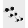 wholesale S925 Sterling Silver Korean Version Ins Small and Chic Design Minimalist Geometric Circle Inlaid Black Onyx Textured Stud Earrings for Women-0-0