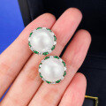 wholesale 925 silver metal material, Mu Jing Jewelry emerald set with 12mm pearl ear studs, European and American women's earrings and ear clips-0-4