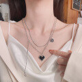wholesale S925 Sterling Silver Double Layer Black Heart Mosaic Pixel Fringe Necklace Creamy Sweet Style Versatile Necklace-0-0