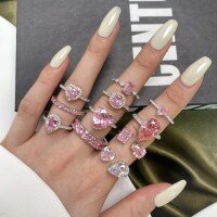 wholesale S925 Sterling Silver Women's Ring Light Luxury Teardrop Fashionable Row of Diamonds Cute Heart Shape Prismatic Pink High-Carbon Diamond Ring-MM120029 No.8