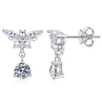S925 Sterling Silver Moissanite Mini Pearl Butterfly Earrings, Luxury Wholesale.-5.0mm high carbon stone  925 silver