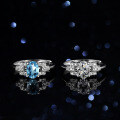 Sterling Silver Natural Blue Topaz Moissanite Ring, 1 Carat Geometric Oval Halo Design-0-4