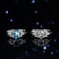 Sterling Silver Natural Blue Topaz Moissanite Ring, 1 Carat Geometric Oval Halo Design-Inlaid with blue topaz  Adjustable opening