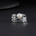wholesale S925 Sterling Silver Natural Freshwater Pearl Ring Fashion Luxury Advanced Sense Three-Ring Inlaid Gemstone Set Ring-0-2