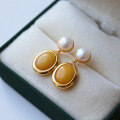 wholesale S925 sterling silver wholesale natural aged amber earrings with pearl drop, pure silver ear studs, high-end amber ear jewelry-0-0