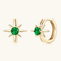 wholesale S925 Sterling Silver Vintage Style Star Emerald Earrings, Small Hoop Earrings for Women, Minimalist Design Octagram Ear Studs-Gold 925 silver