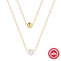 wholesale S925 Sterling Silver Double Layer Stacking Pearl Bead Collarbone Necklace,。-Gold 925 silver