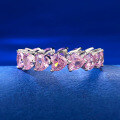 wholesale S925 silver jewelry, heart-shaped row diamond ring stacked with pink diamond ring, women's ins-style sweet heart-shaped ring band-0-1