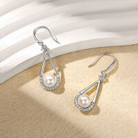 S925 Sterling Silver Natural Freshwater Pearl Teardrop Earrings, Wholesale-Teardrop Pearl Earrings [White Gold]  925 Silver