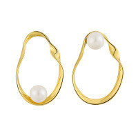 wholesale S925 Sterling Silver Korean Version Minimalist and Elegant Hollow Oval Pearl Inlaid Earrings for Women-18K gold [with silicone earplugs] &gt; 925 silver