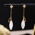 wholesale S925 Silver Japanese Light Luxury Jewelry Minimalist Diamond-shaped Moonstone Tassel Chain Earrings Versatile Teardrop White Shell-0-2