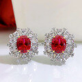 wholesale 925 Sterling Silver with High-Carbon Diamond ShuHua Earrings for Women, Featuring an 8*10 Oval Ruby with Surrounding Setting, New Collection from MuJing Jewelry-0-1