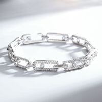 Sterling Silver Bubble Bracelet with Yellow Diamonds, Unisex Cuban Chain Wholesale.-Silver - SL023  17CM