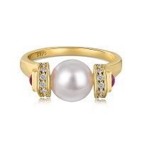 wholesale 925 Sterling Silver Cross-Border Ring for Women, New Chinese Style 8MM Pearl Ring, Elegant and Sophisticated Light Luxury Exquisite Silver Jewelry for Women-Gold DY121390-SG-BO 8