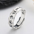 wholesale S925 Sterling Silver Matte Vintage Antique Craft Hollow Six-Character Mantra Ring, Unisex Bohemian Statement Band-0-2